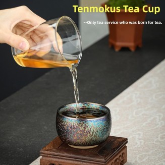 Handmade Coloful Tenmokus Tea Cup Set of 2, Chinese Crafts Kungfu Tea Cups Seven-Colours Ceramic Teacup with Gift Box Packing