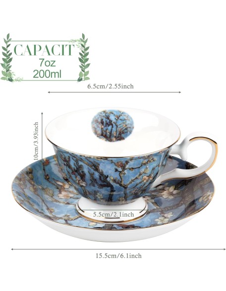 Floral Tea Cups Saucers Set of 2, Van Gogh Paintings Bone China 7 oz British Teacups Porcelain Coffee Cup for Rose Tea Cappuccino Espresso Latte (Apricot & Peach Blossom)