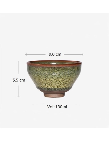 Jianzhan Tea Cups, Tenmoku Glaze Bowls Porcelain - 4.4oz / 130ml Green Partridge, Chinese Traditional Skill