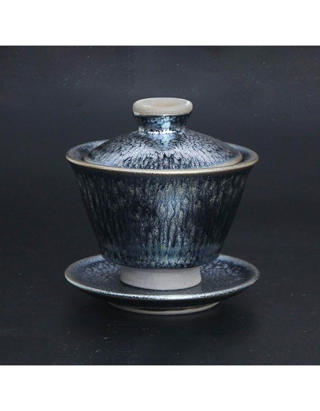 Gaiwan Teaset, Tenmoku Flower Glaze Tea Pot -170ml/5.75oz, Chinese Jianzhan Teacups Porcelain Tea Set