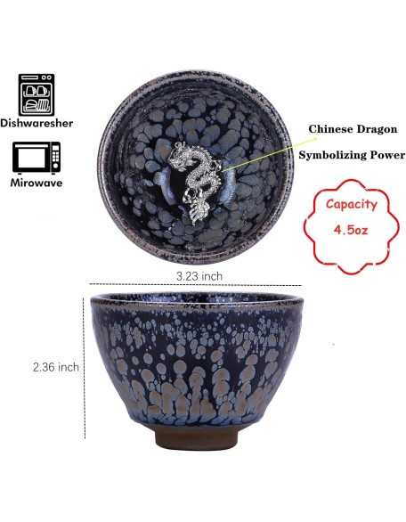 Jianzhan Tenmoku Magic Tea Cup Set of 2, Handmade Chinese Dragon and Phoenix Tea Cups, 3d Art Ceramic Kungfu Teacups with Gift Box (Newly bloomed)